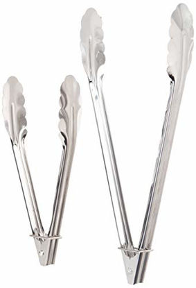 Picture of Chef Craft Set of 2 (1-9" & 1-12") Stainless Steel Clam Shell Food Service Tongs with Sliding Rings. Quality Construction, Dishwasher Safe, Silver