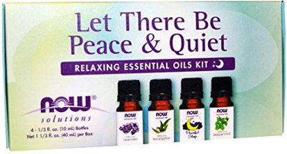 Picture of NOW Essential Oils, Let There Be Peace & Quiet Aromatherapy Kit, 4x 10ml Including Lavender Oil, Peppermint Oil, Eucalyptus Oil and Peaceful Sleep Oil Blend With Child Resistant Caps