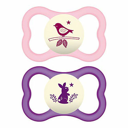 Picture of MAM Air Night Pacifiers (2 pack, 1 Sterilizing Pacifier Case), MAM Sensitive Skin Pacifier 6+ Months for Baby Girl, Glow in the Dark Pacifier, Best Pacifier for Breastfed Babies, Baby Pacifiers