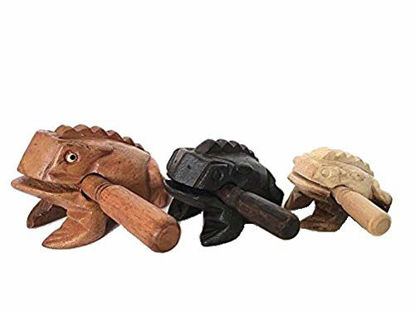 Picture of Percussion Instruments Wooden Frog 3 Piece Set of 4 Inch Brow Frog, 3 Inch Black Frog, 2 Inch Natural Wood Frog, Products From Thailand,wooden frog musical instrument.