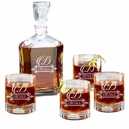 Picture of Personalized 5 pc Whiskey Decanter Set - Decanter and 4 Glasses Gift Set - Custom Engraved with Fancy Design