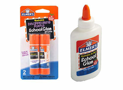 Picture of Elmer's bundle Washable Liquid School Glue, White, Dries Clear, 4 fl oz Plus Disappearing Purple Elmer's School Glue Stick, 7g, 2pk