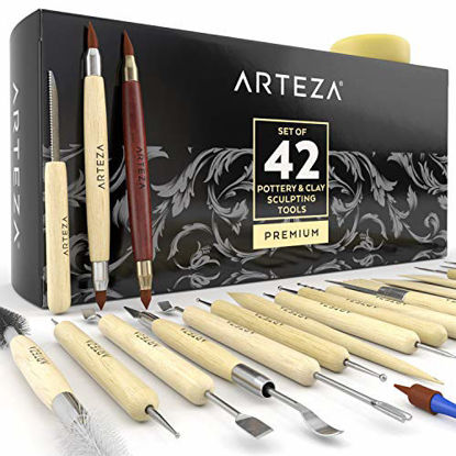 Picture of Arteza Pottery & Polymer Clay Tools, 42-Piece Sculpting Set, Steel Tip Tools with Wooden Handles, for Pottery Modeling, Smoothing, Carving & Ceramics