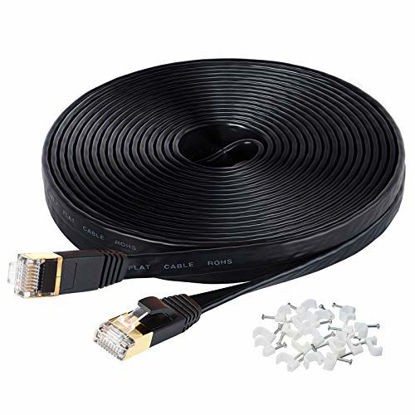 Picture of Cat7 Ethernet Cable, 50 Ft Network Cable for Xbox PS4, High Speed Flat Internet Cord with Clips Rj45 Snagless Connector Fast Computer LAN Wire for Gaming,Ethernet Switch, Modem, Router, Coupler, Black