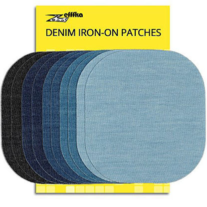 Picture of ZEFFFKA Premium Quality Denim Iron-on Jean Patches Inside & Outside Strongest Glue 100% Cotton Assorted Shades of Blue Black Repair Decorating Kit 10 Pieces Size 4-1/4" by 3-3/4" (9.8 cm x 10.8 cm)