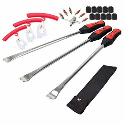 Picture of Dr.Roc 14.5 inch Perfect Leverage Tire Spoon Lever Iron Tool Kit Motorcycle Dirt Bike Lawn Mower Tire Changing Tool with Durable Bag 3xTire Spoons and 3xRim Protectors and Valve Core and Caps Set