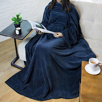 Picture of PAVILIA Premium Fleece Blanket with Sleeves for Adult, Women, Men | Warm, Cozy, Extra Soft, Microplush, Functional, Lightweight Wearable Throw (Navy, Regular Pocket)