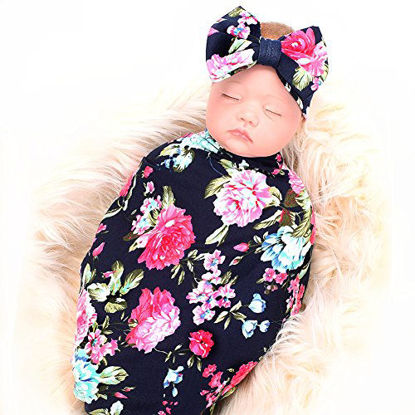 Picture of Newborn Receiving Blanket Headband Set Flower Print Baby Swaddle Receiving Blankets Galabloomer Navy Blue Rose