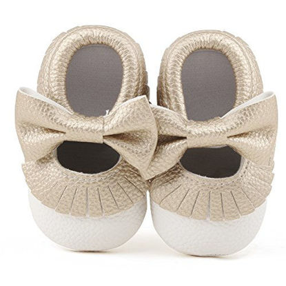 Picture of Delebao Infant Toddler Baby Soft Sole Tassel Bowknot Moccasinss Crib Shoes (6-12 Months, White & Gold)