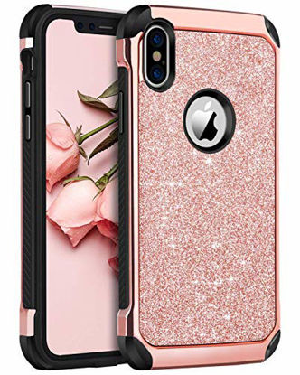 Picture of BENTOBEN iPhone X/10 Case, iPhone Xs (2018) Shockproof Glitter Sparkle Bling Girl Women 2 in 1 Shiny Faux Leather Hard PC Soft Bumper Protective Phone Cover for Apple iPhone X/XS 5.8", Rose Gold/Pink