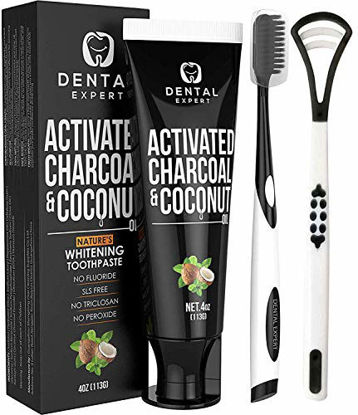 Picture of Activated Charcoal Teeth Whitening Toothpaste - DESTROYS BAD BREATH - Best Natural Black Tooth Paste Kit - MINT FLAVOR - Herbal Decay Treatment - REMOVES COFFEE STAINS, 4oz