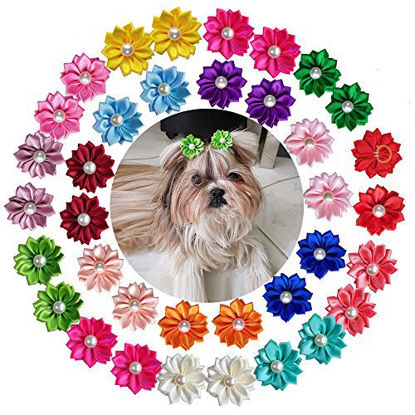 Picture of yagopet 40pcs/Pack 20pairs Cute New Dog Hair Bows with Rubber Bands Pearls Flowers Topknot Mix Styles Dog Bows Dog Flower Pet Grooming Products Dog Headdress Topknot