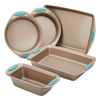 Picture of Rachael Ray 46179 Cucina Nonstick Bakeware Set with Grips includes Nonstick Bread Pan, Baking Pan, Cookie Sheet and Cake Pans - 5 Piece, Latte Brown with Agave Blue Handle Grips