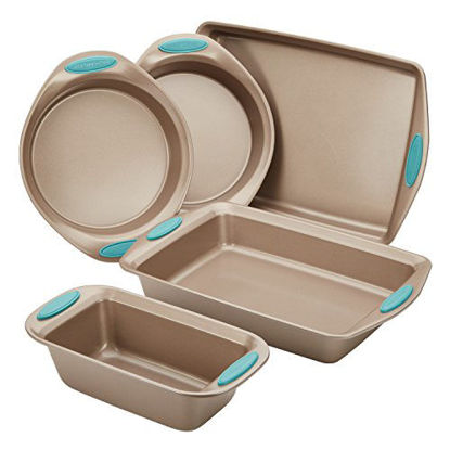 Picture of Rachael Ray 46179 Cucina Nonstick Bakeware Set with Grips includes Nonstick Bread Pan, Baking Pan, Cookie Sheet and Cake Pans - 5 Piece, Latte Brown with Agave Blue Handle Grips