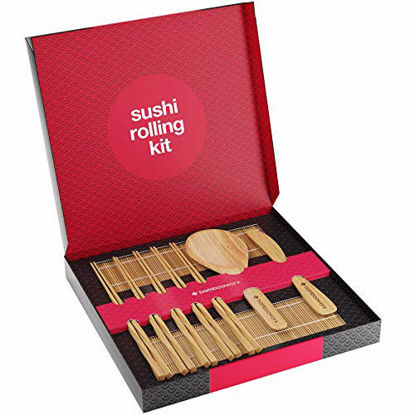 Picture of Sushi Making Kit Deluxe with Chopsticks - 100% Bamboo - Includes 2 Rolling Mats, Rice Spreader, Rice Paddle, 5 Pairs Chopsticks