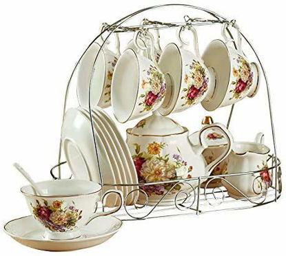 Picture of ufengke 15 Piece European Ceramic Tea Sets,China Coffee Set with Metal Holder, White and Red Rose Flower Painting