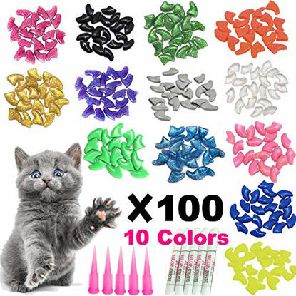 Picture of YMCCOOL 100pcs Cat Nail Caps/Tips Pet Cat Kitty Soft Claws Covers Control Paws of 10 Nails Caps and 5Pcs Adhesive Glue 5 Applicator with Instruction