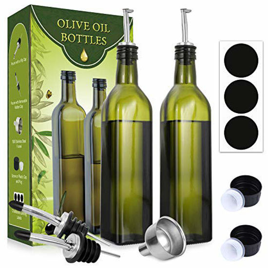 Picture of [2 PACK]Aozita 17 oz Glass Olive Oil Dispenser Bottle Set - 500ml Dark Green Oil & Vinegar Cruet Bottle with Pourers, Funnel and Labels - Olive Oil Carafe Decanter for Kitchen