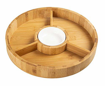 Picture of Chip and Dip Serving Bowl - Wooden Appetizer Platter Set with Dip Cup for Salsa, Guacamole, Nacho, Vegetables, Taco Chip, Snacks and More