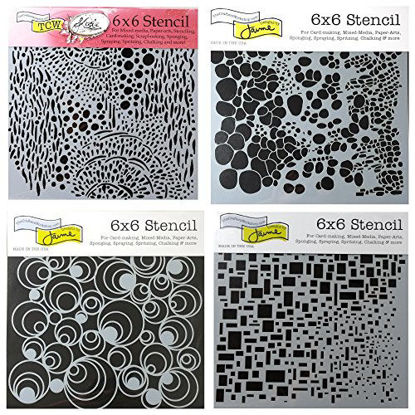 Picture of CRAFTERS WORKSHOP 4 Mixed Media Stencils Set | for Arts, Card Making, Journaling, Scrapbooking | 6 inch x 6 inch Templates | Cell Theory, Mod Spirals, Cubist, Sea Bubbles (ne k)