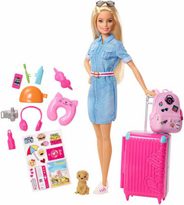 Picture of ?Barbie Travel Doll, Blonde, with Puppy, Opening Suitcase, Stickers and 10+ Accessories, for 3 to 7 Year Olds???, Multicolor