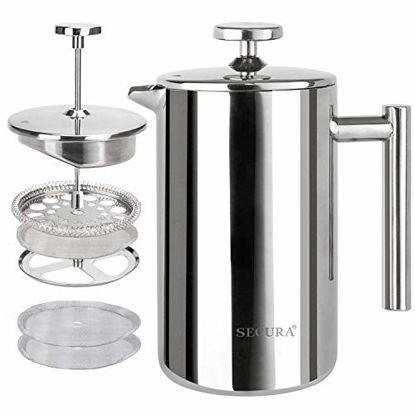 Picture of Secura French Press Coffee Maker, 304 Grade Stainless Steel Insulated Coffee Press with 2 Extra Screens, 17oz (0.5 Litre), Silver