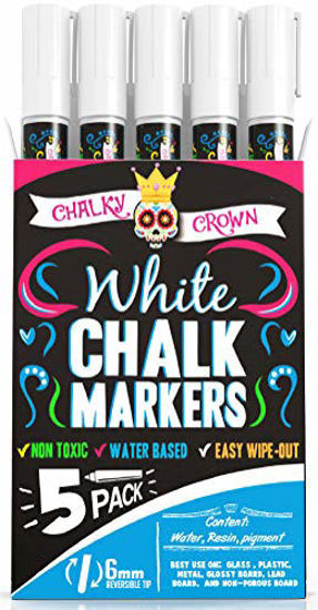 Picture of Liquid Chalk Marker Pen - White Dry Erase Marker - Chalk Markers for Chalkboard Signs, Windows, Blackboard, Glass - 6mm Reversible Tip (5 Pack) - 24 Chalkboard Labels Included