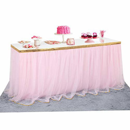 Picture of Pink Tulle Table Skirt Tutu Table Skirt for Rectangle Tables Baby Shower Girl Unicorn Party Wedding Princess Birthday 6ft