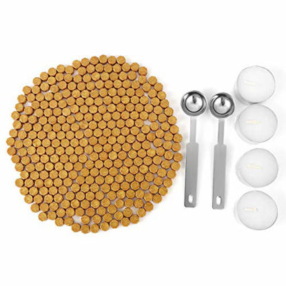 Picture of Gold Sealing Wax Beads, Yoption 300 Pieces Octagon Seal Wax Beads with 4 Candles and 2 Melting Spoons for Wax Seal Stamp (Gold)