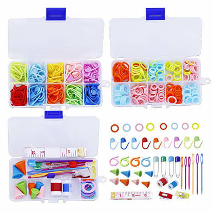 Picture of 381 Pieces Stitch Ring Markers and Colorful Knitting Crochet Locking Counter Stitch Needle Clips + Weaving Tools Knitting Kits with 3 Storage Boxes