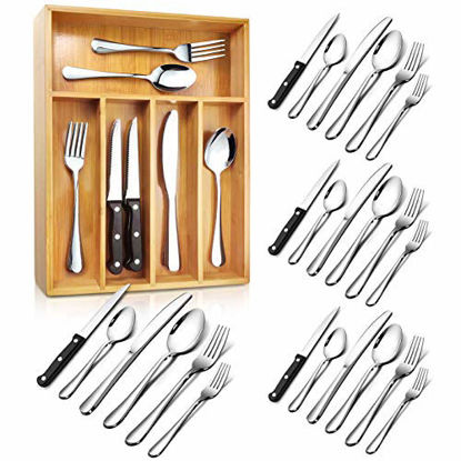 Picture of Teivio 24-Piece Silverware Set, Flatware Set Mirror Polished, Dishwasher Safe Service for 4, Include Knife/Fork/Spoon with Bamboo 5-Compartment Silverware Drawer Organizer Box