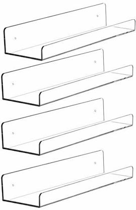 Picture of Cq acrylic 15" Invisible Acrylic Floating Wall Ledge Shelf, Wall Mounted Nursery Kids Bookshelf, Invisible Spice Rack, Clear 5MM Thick Bathroom Storage Shelves Display Organizer, 15" L,Set of 4