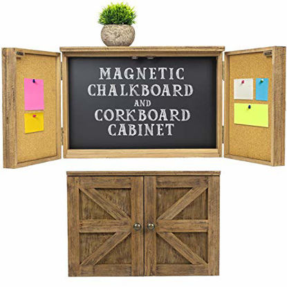 Picture of Wooden Rustic Magnetic Chalkboard: Wall Mounted Entryway Cabinet Includes Cork Board and Erasable Chalk Board Organizer Display Shelf and Key Hooks (Brown)
