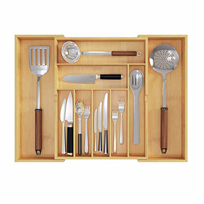 Picture of BAMEOS Utensil Drawer Organizer, Cutlery Tray Desk Drawer Organizer Silverware Holder Kitchen Knives Tray Drawer Organizer, 100% Pure Bamboo Expandable Adjustable Cutlery