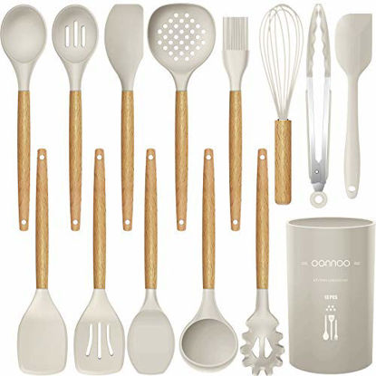 Picture of 14 Pcs Silicone Cooking Utensils Kitchen Utensil Set - 446°F Heat Resistant,Turner Tongs,Spatula,Spoon,Brush,Whisk. Wooden Handles Khaki Kitchen Gadgets Tools Set for Non-stick Cookware (BPA Free)