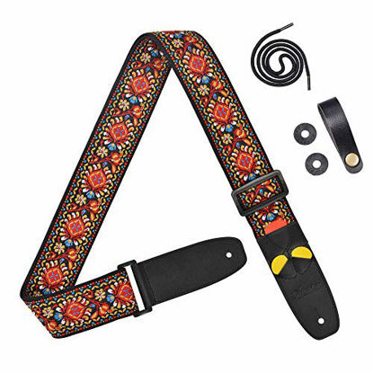 Picture of Amumu Adjustable Guitar Strap Vintage Embroidery Red Flower for Acoustic Guitar Electric Guitar and Bass Guitar with pick-holders leather ends includes 3 Picks & Strap Blocks & Headstock Strap
