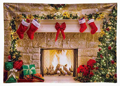 Picture of Funnytree 7x5ft Durable Christmas Fireplace Backdrop No Wrinkles Fabric Interior Vintage Xmas Tree Stockings Photography Background Portrait Photobooth Party Banner Decorations Photo Studio Props