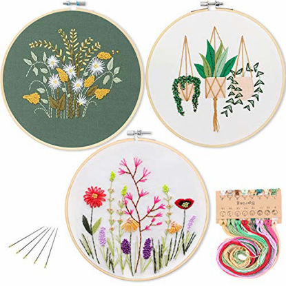 Picture of 3 Pack Embroidery Starter Kit with Pattern,Kissbuty Full Range of Stamped Embroidery Kits with 3 Pcs Embroidery Cloth with Pattern,1 Pc Bamboo Embroidery Hoop,Color Threads Tools Kit (Plants Flowers)