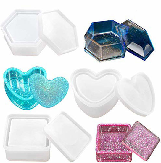 Picture of Box Resin Molds, Jewelry Box Molds with Heart Shape Silicone Resin Mold, Hexagon Storage Box Mold and Square Epoxy Molds for Making Resin Molds