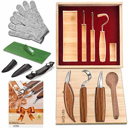 Picture of 12pcs Wood Carving Tools Set-WAYCOM Hook Carving Knife,Detail Wood Knife,Whittling Knife Cut Resistant Gloves Leather Sheath And Bamboo Gift Box For Spoon,Bowl,Cup Or General Woodwork