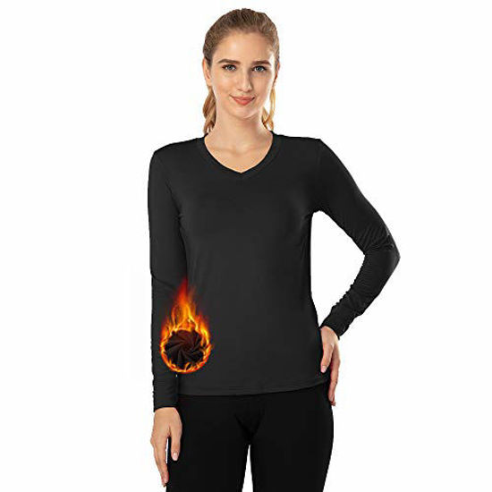 GetUSCart- MANCYFIT Thermal Tops for Women Fleece Lined Shirt Long Sleeve  Base Layer V Neck Black Large