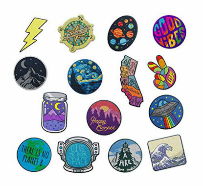 Picture of The Carefree Bee - Large Assorted Set of 15 Aesthetic and Cool Outdoors Iron On Patches for Jackets Backpacks Jeans and Clothes | Each Embroidered Patch is Durable and Sticks to All Fabrics (Set 2)