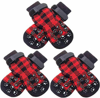 Picture of SCENEREAL Dog Socks Anti Slip with Straps Traction Control 3 Pairs Set - Plaid Paw Protector for Floor Indoor, Non-Skid Design for Small Medium Dogs Cats Puppy