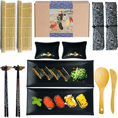 Picture of Artcome Sushi Making Kit DIY Sushi Set With 2 Bamboo Rolling Mats, 2 Sushi Plates, 2 Sauce Dishes, 2 Pairs of Chopsticks, 2 Chopsticks Holders, 2 Tableware Bags, 1 Paddle and 1 Spreader(14 pack)