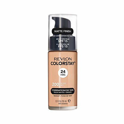 Picture of Revlon ColorStay Liquid Foundation Makeup for Combination/Oily Skin SPF 15, Longwear Medium-Full Coverage with Matte Finish, Nude (200), 1.0 oz