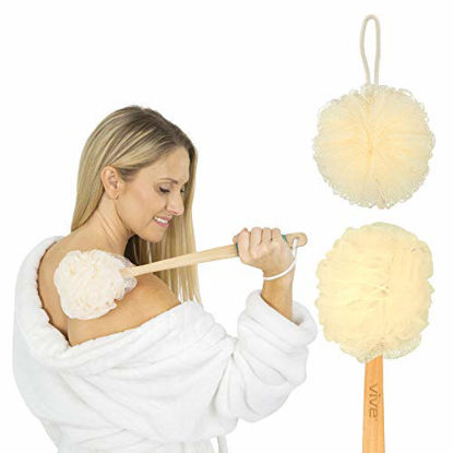Picture of Vive Loofah Sponge Back Scrubber - Men & Women Long Handled Exfoliating Bath & Shower Body Brush - Handheld Luffa Pouf on a Stick for Body, Face Washing - Spa Wash Lufa