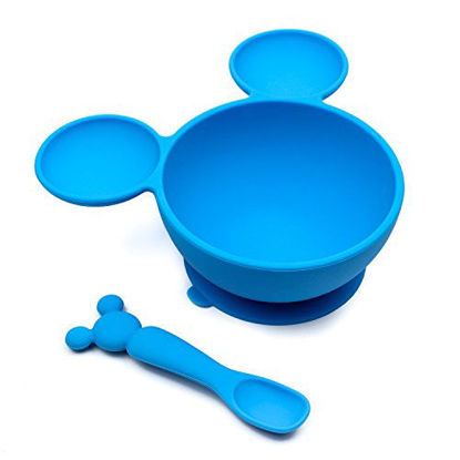 Picture of Bumkins Disney Mickey Mouse Suction Silicone Baby Feeding Set, Bowl, Lid, Spoon, BPA-Free, First Feeding, Baby Led Weaning