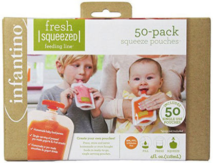 Picture of Infantino Disposable Squeeze Pouches - Pack of 50 disposable pouches for portable homemade semi-solid food for babies and toddlers, BPA and PVC free, freezer safe