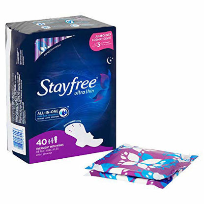Picture of Stayfree Ultra Thin Overnight Pads with Wings, For Women, Reliable Protection and Absorbency of Feminine Moisture, Leaks and Periods, 40 Count