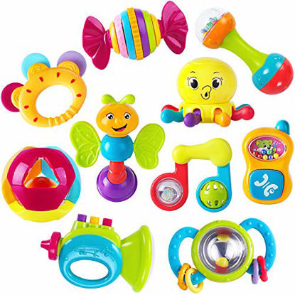 Picture of iPlay, iLearn 10pcs Baby Rattle Toys, Infant Shaker, Teether, Grab and Spin Rattles, Musical Toy Set, Early Educational, Newborn Baby Gifts for 0, 3, 6, 9, 12 Months, Girls, Boys